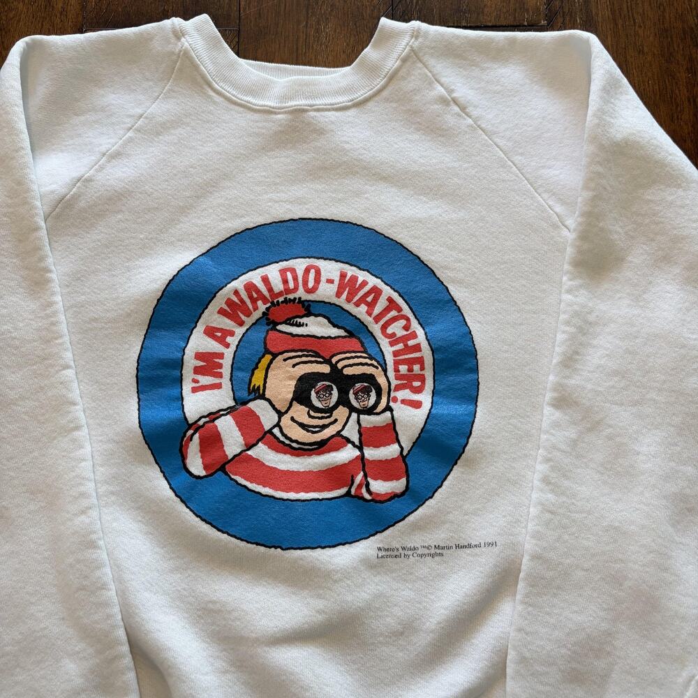 Vintage Fruit Of The Loom Sweatshirt Mens Large White Where's Waldo 90s USA - Picture 3 of 8